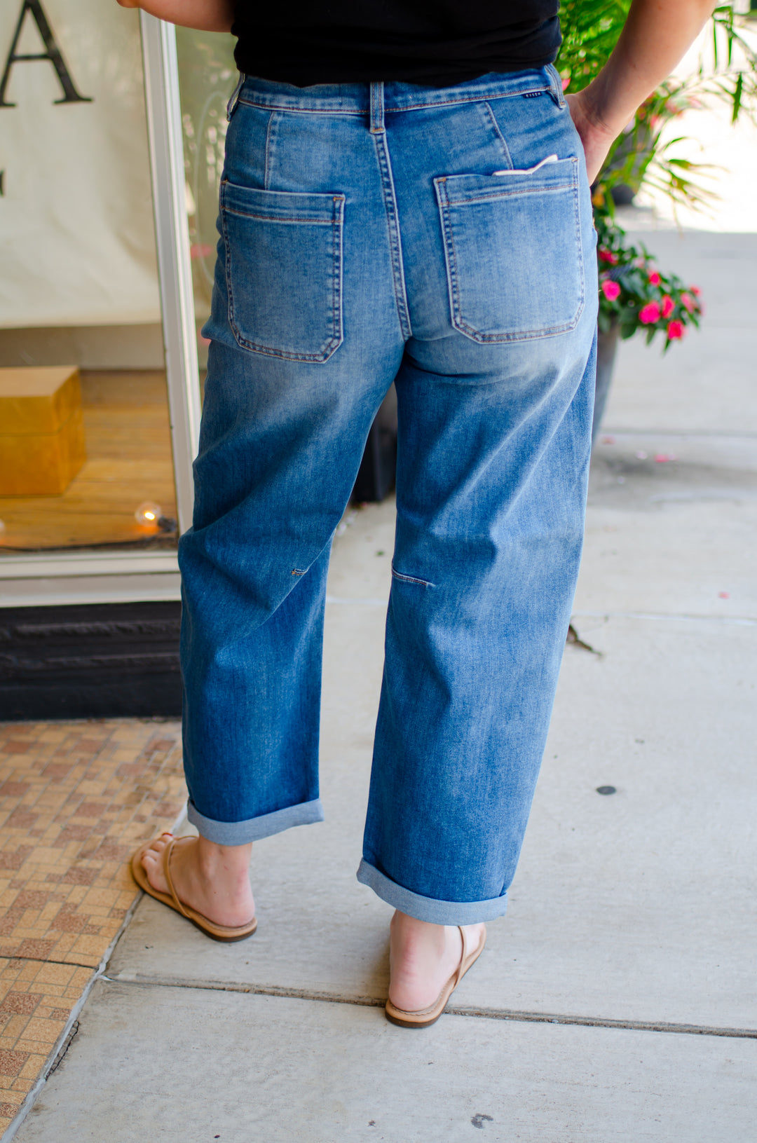 Risen Slouchy Relaxed Barrel Patch Pocket Jeans in Medium Wash