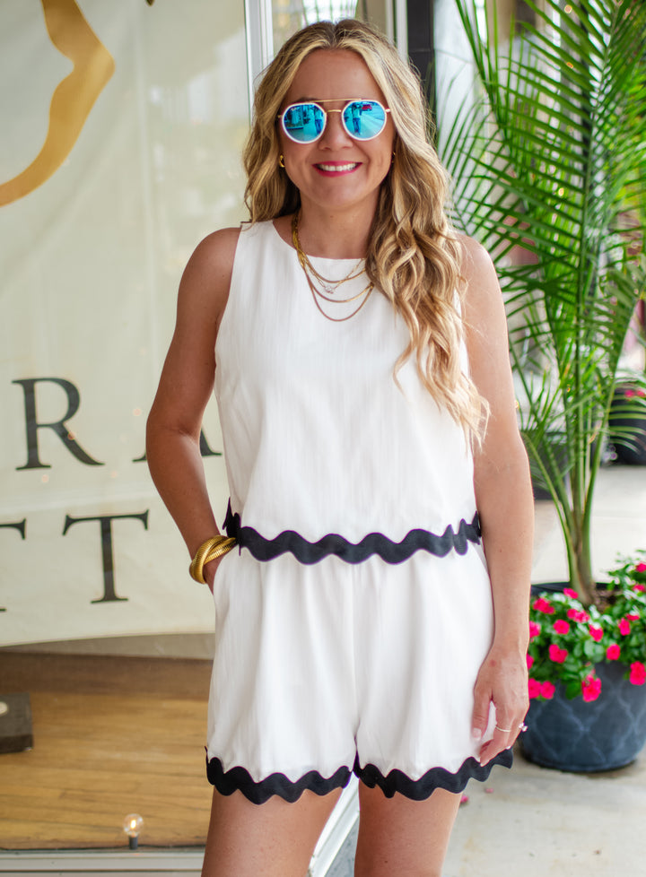 Hold Me Close White & Black Rickrack Contrast Romper