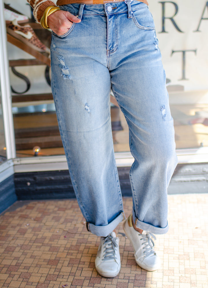 Risen Slouchy Ankle Length Barrel Jeans with Cuff in Medium