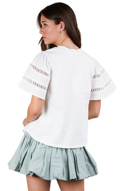 Chic Style Lace Trim Solid Knit Top in White