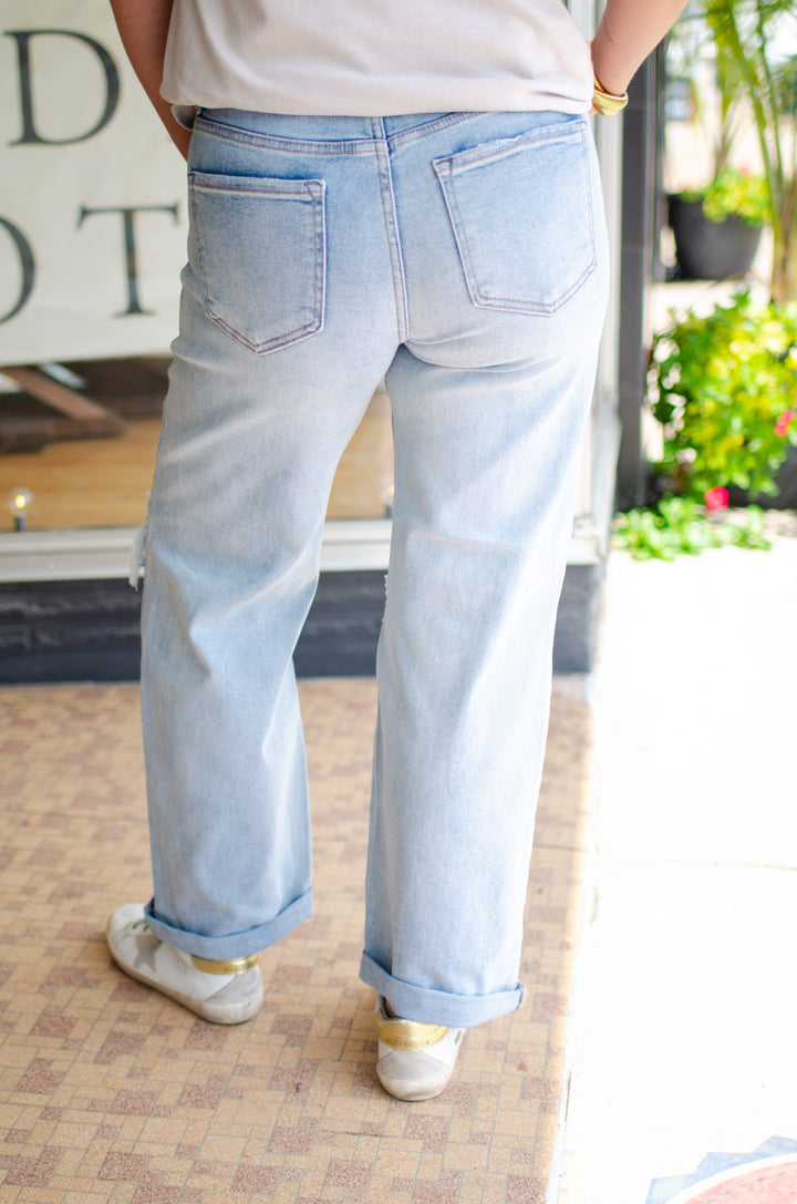 Risen Mid Rise Boyfriend Fit Cut Off Jeans in Light Wash