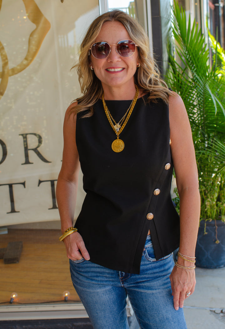 Day Out Black Asymmetrical Gold Button Down Sleeveless Top