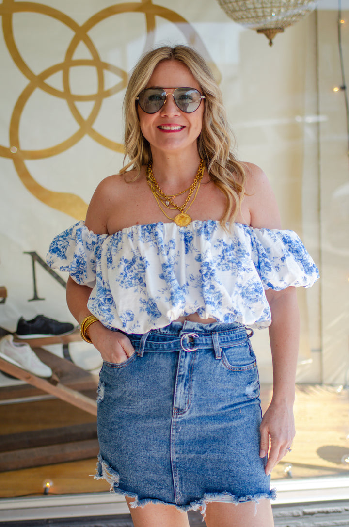 True Love Blue Floral Off The Shoulder Bubble Top