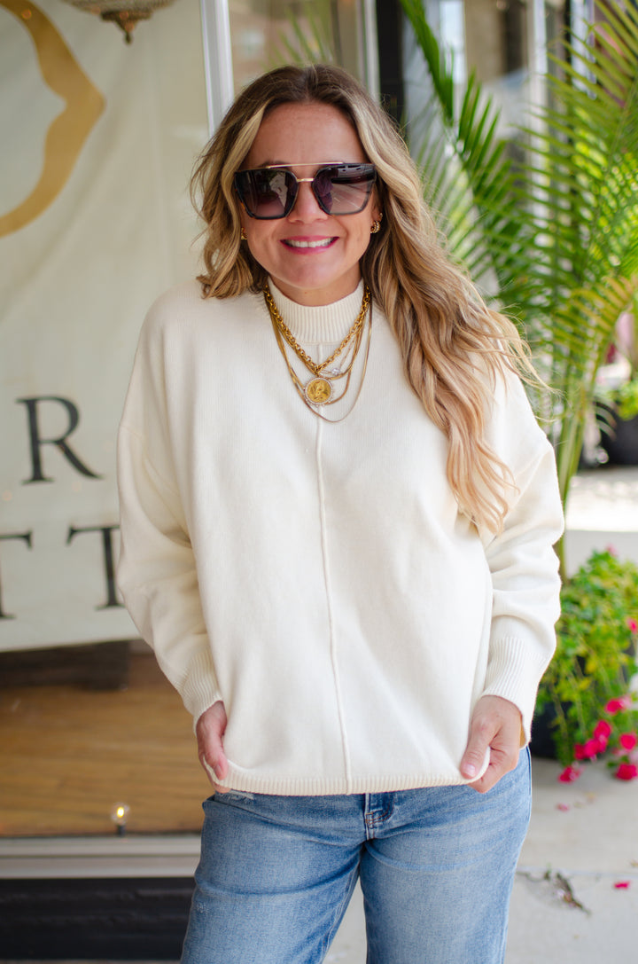 Winter Wish Front Seam Mock Neck Long Sleeve Sweater in Cream