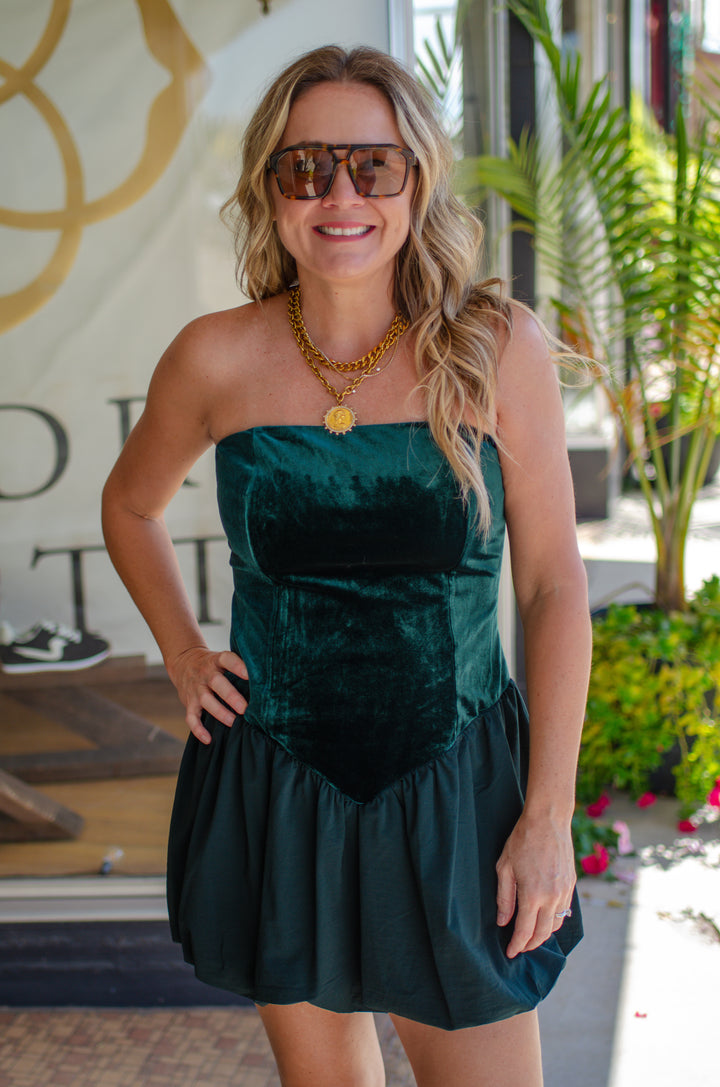 Take Me Out Velvet Strapless Bubble Hem Dress in Emerald