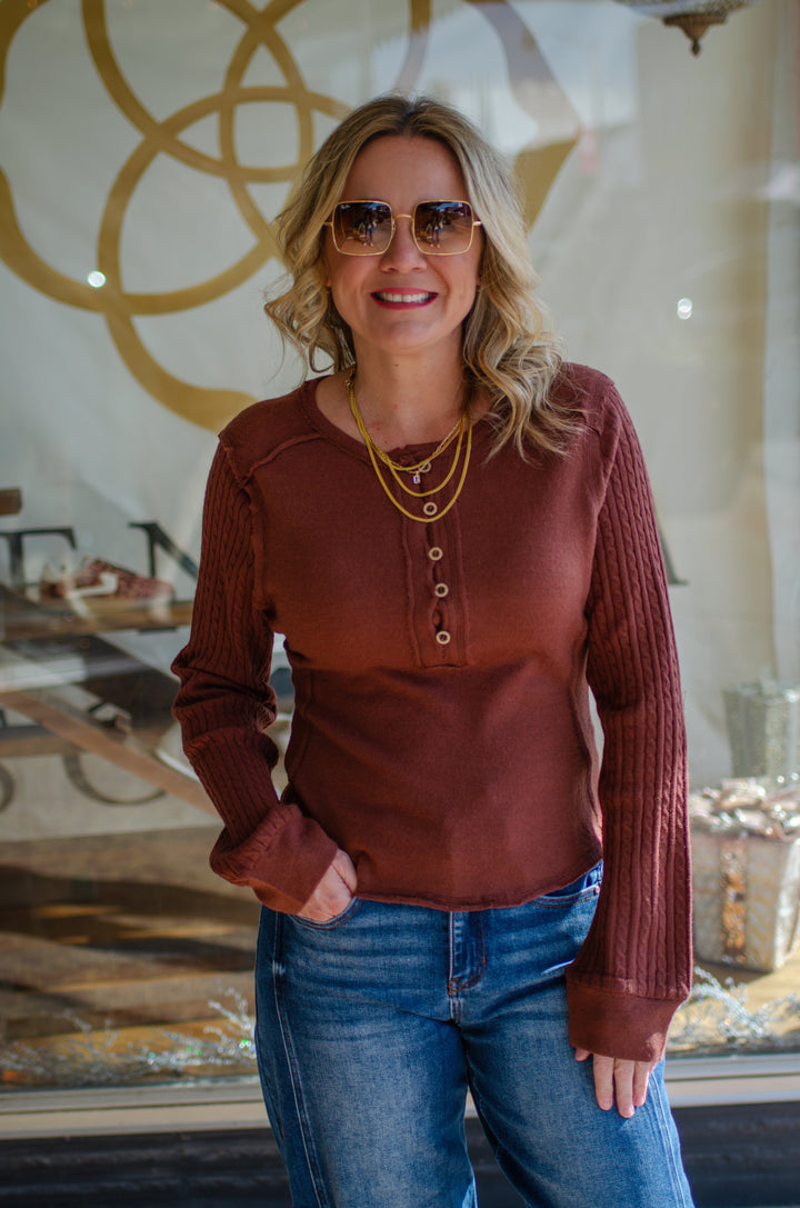 Winter Wish Button Up Long Sleeve Top in Cinnamon