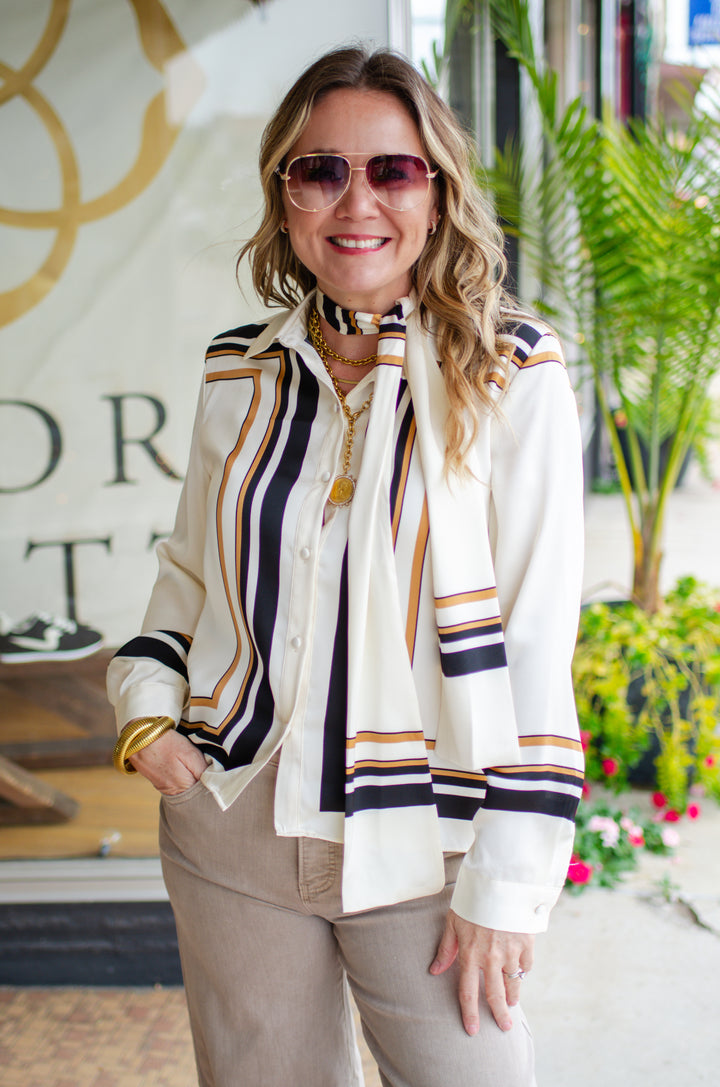 Perfectly Posh Button Down Top with Neck Scarf in Cream