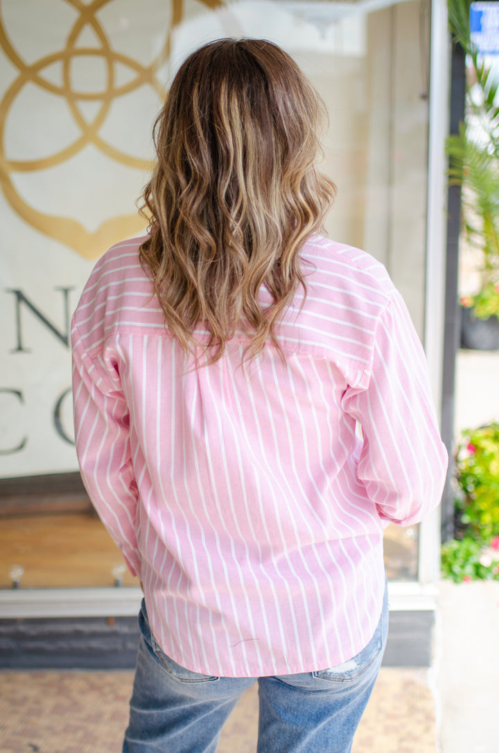 Fall Classic Stripe Button Down Boyfriend Top in Pink