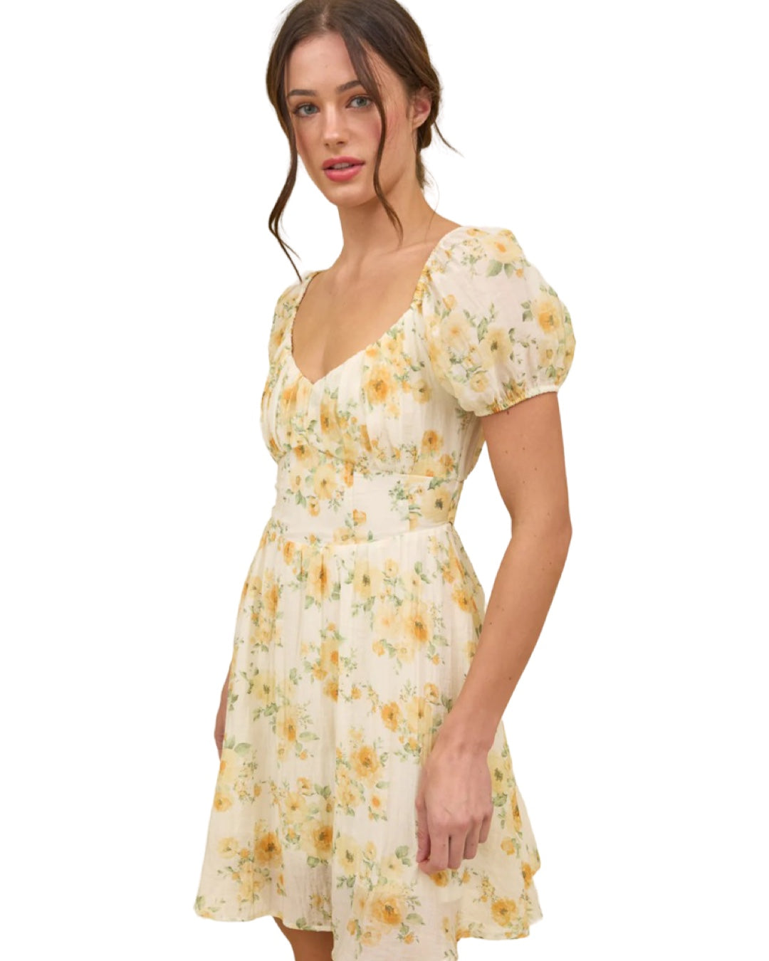 Tea Time Floral Corset Top Tie Back Dress in Yellow