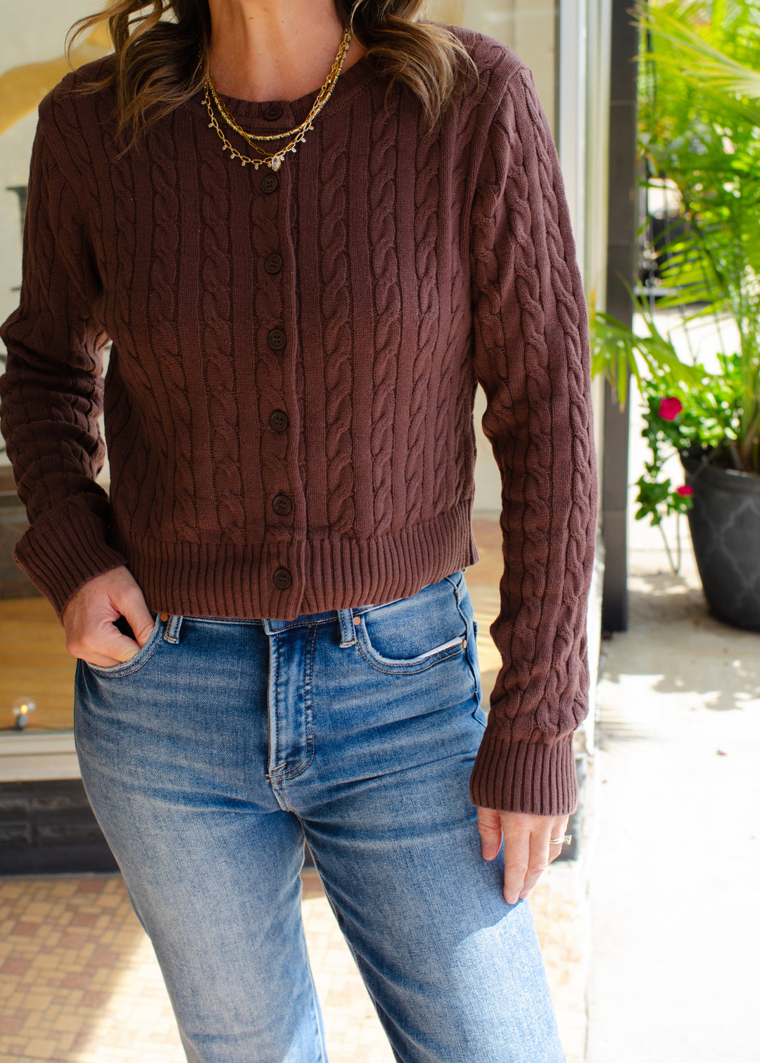 Classic Cable Knit Button Down Cardigan in Chocolate Brown