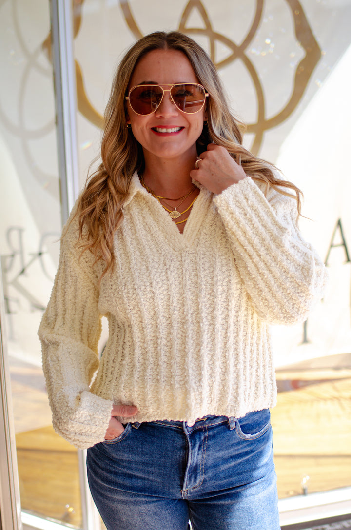 Autumn Chic Collared V-Neck Long Sleeve Soft Knit Sweater in Cream