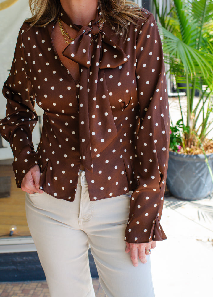Make Your Mark Polka Dot Tie Neck Long Sleeve Top in Chocolate