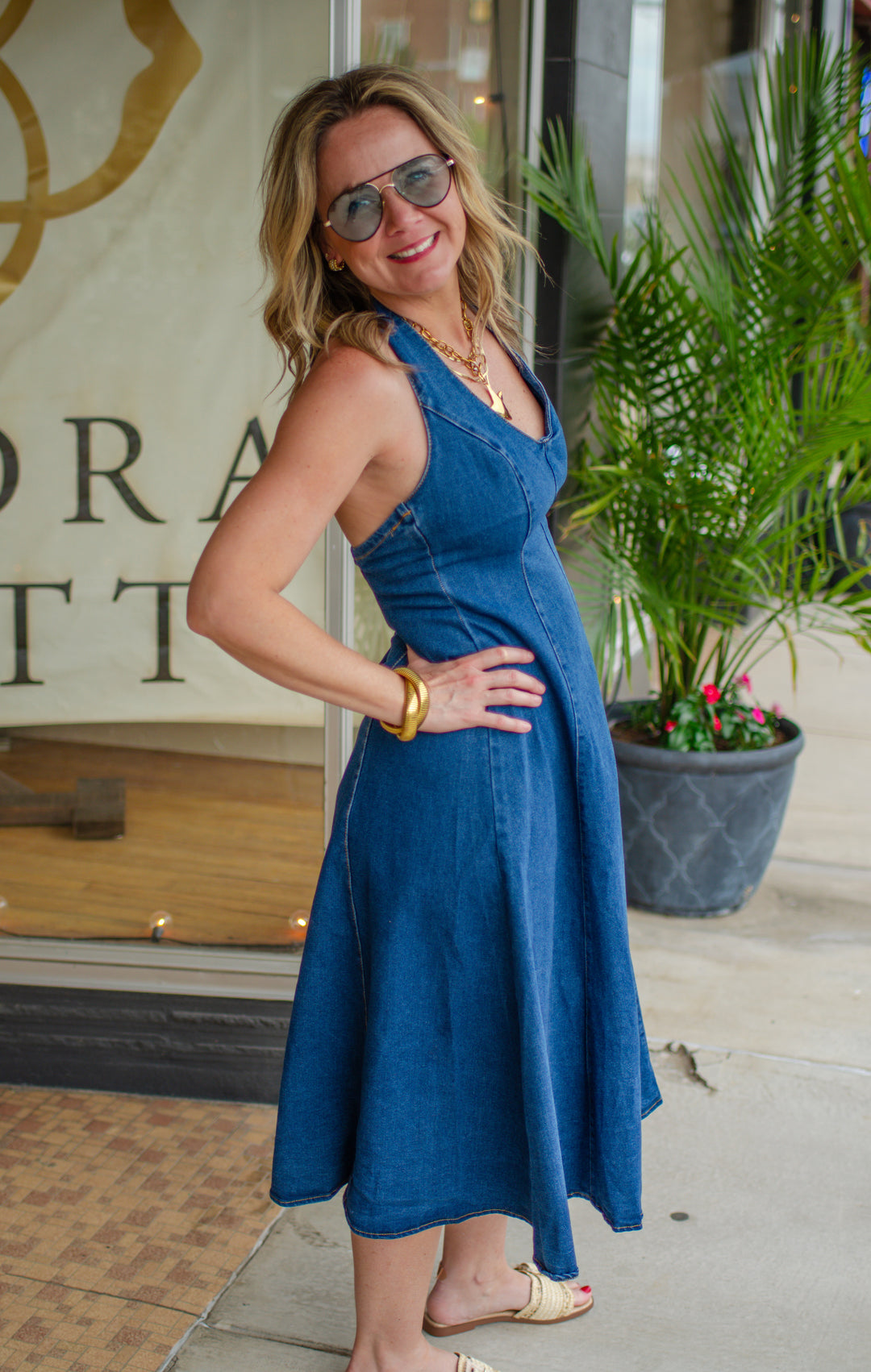 Spin Me Around Denim Swing Halter Dress in Dark Denim