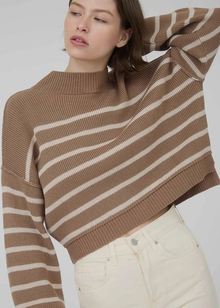 Cafe Latte Stripe Mock Neckline Long Sleeve Sweater in Cocoa