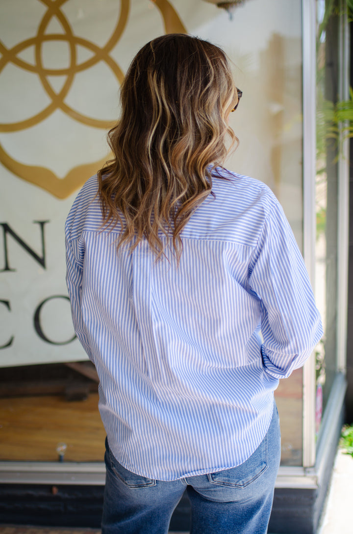 Make My Day Stripe Button Down Collared Top in Light Blue
