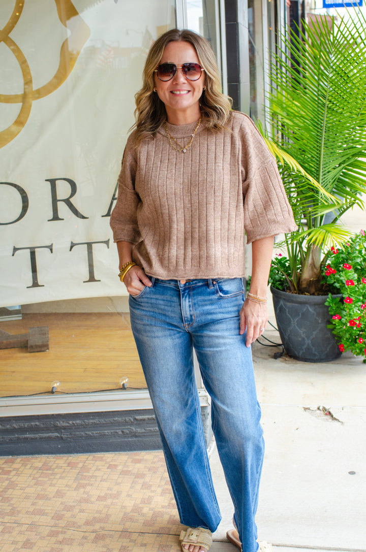 Perfect Fall Short Sleeve Textured Sweater Top in Mocha