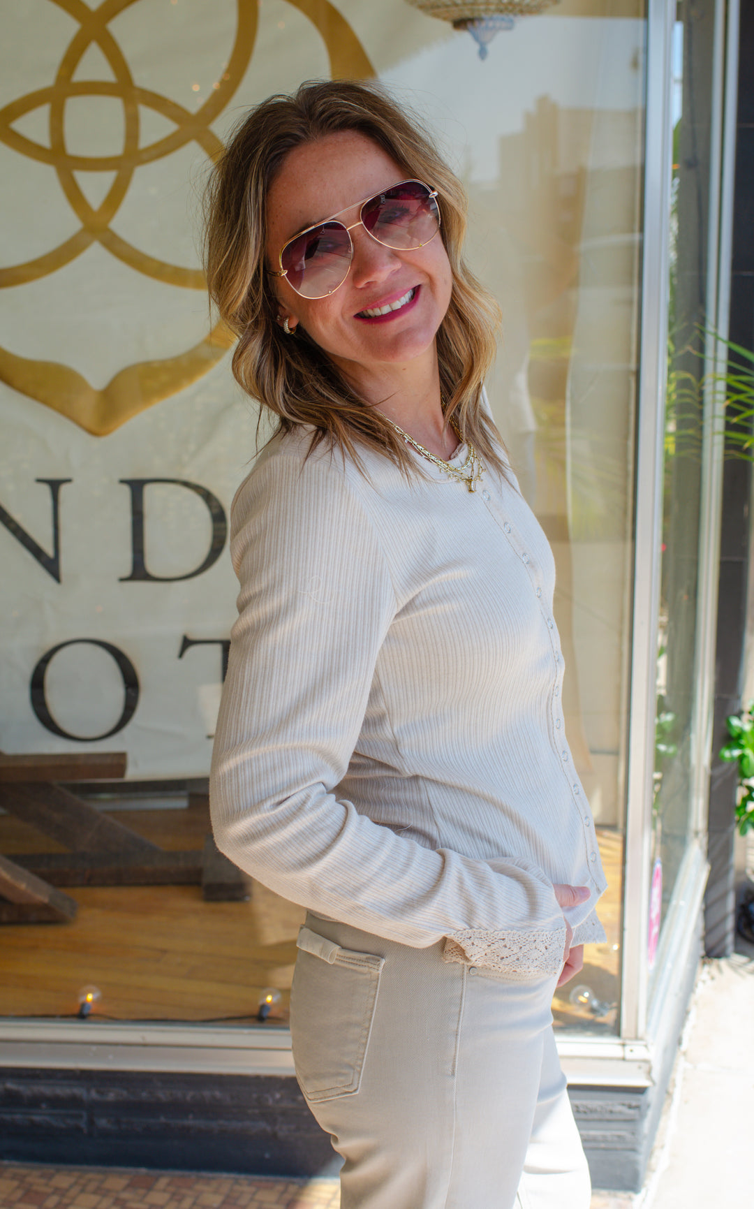Make You Mine Lace Sleeve Button Down Henley Top in Oatmeal