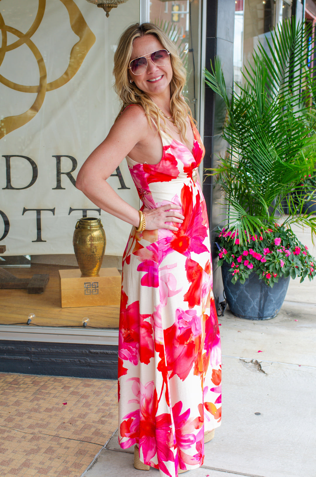 Tropical Escape Pink Floral Gold Emblem Twist Front Dress