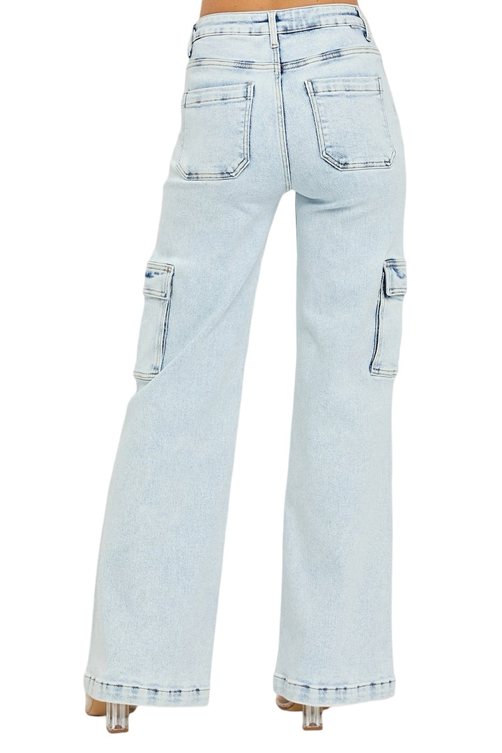 Risen High Rise Wide Leg Cargo Jeans in Light Wash