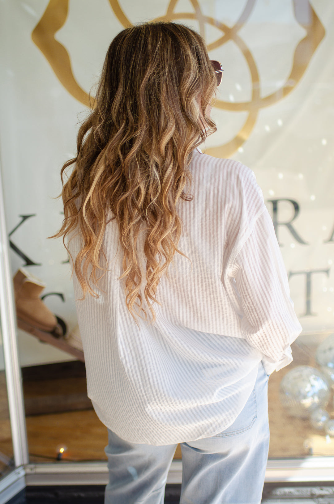 See Trough You Stripe Sheer Oversized Button Down Collared Top in White