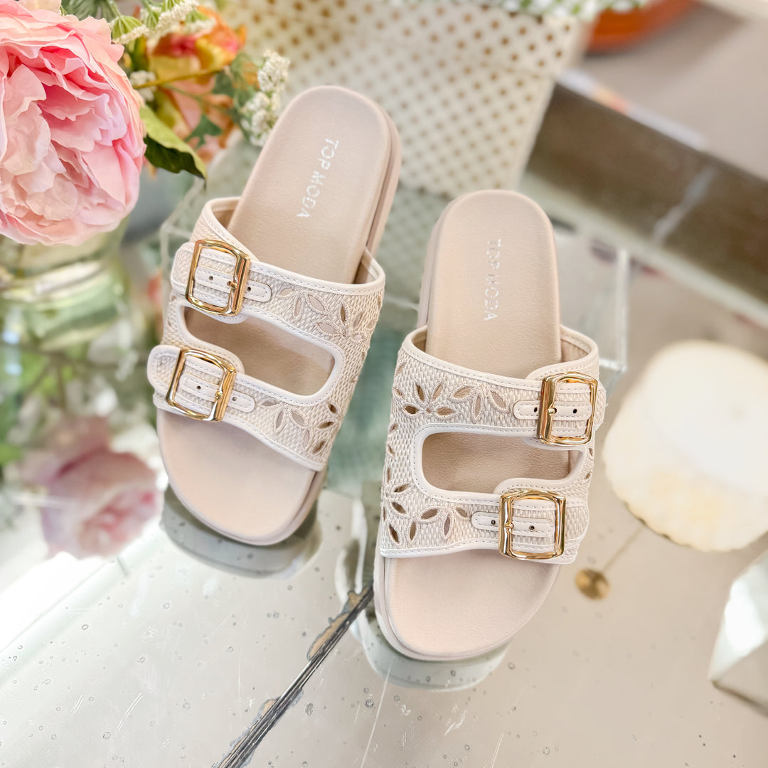 Elle Ivory Linen Gold Buckle Slide Sandal