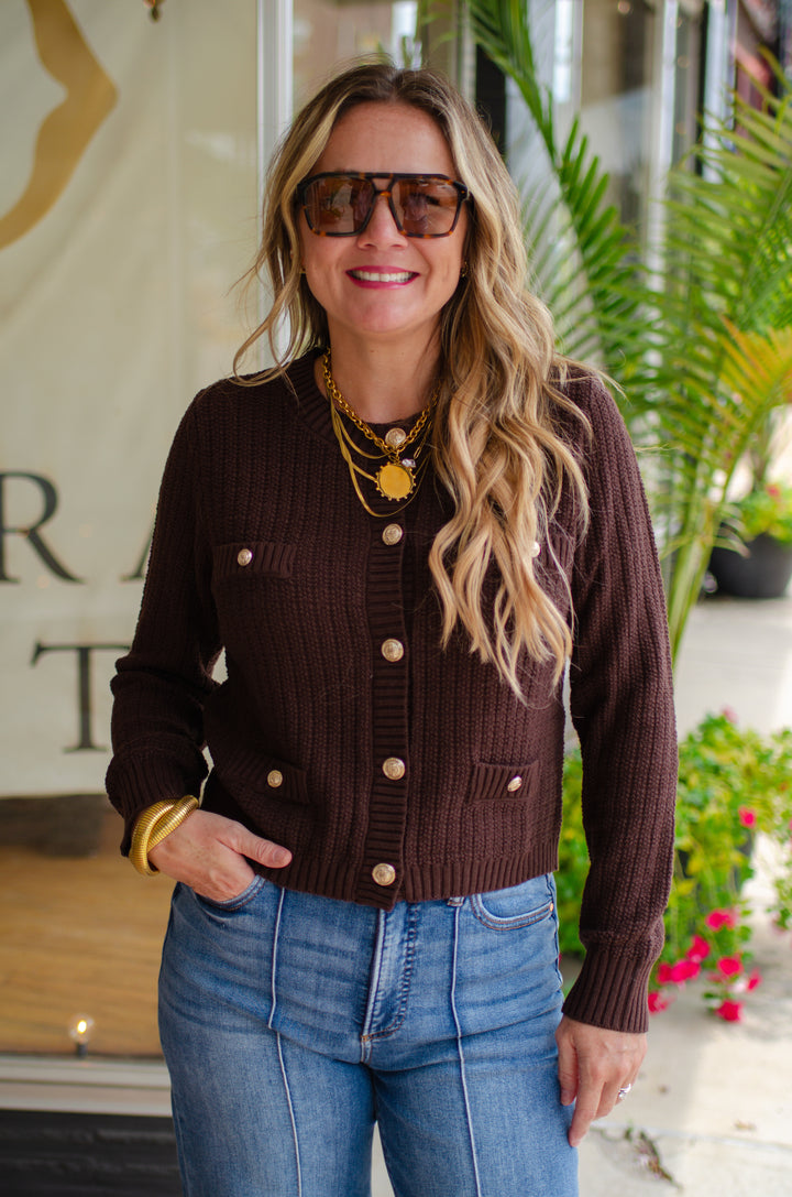 Stylish Moments Gold Button Detailed Sweater Top in Brown