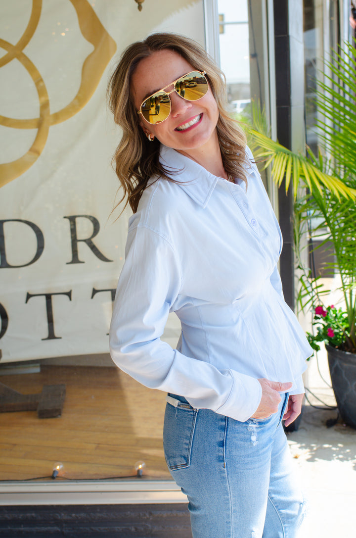 Sweet Moments Peplum Long Sleeve Collared Top in Blue