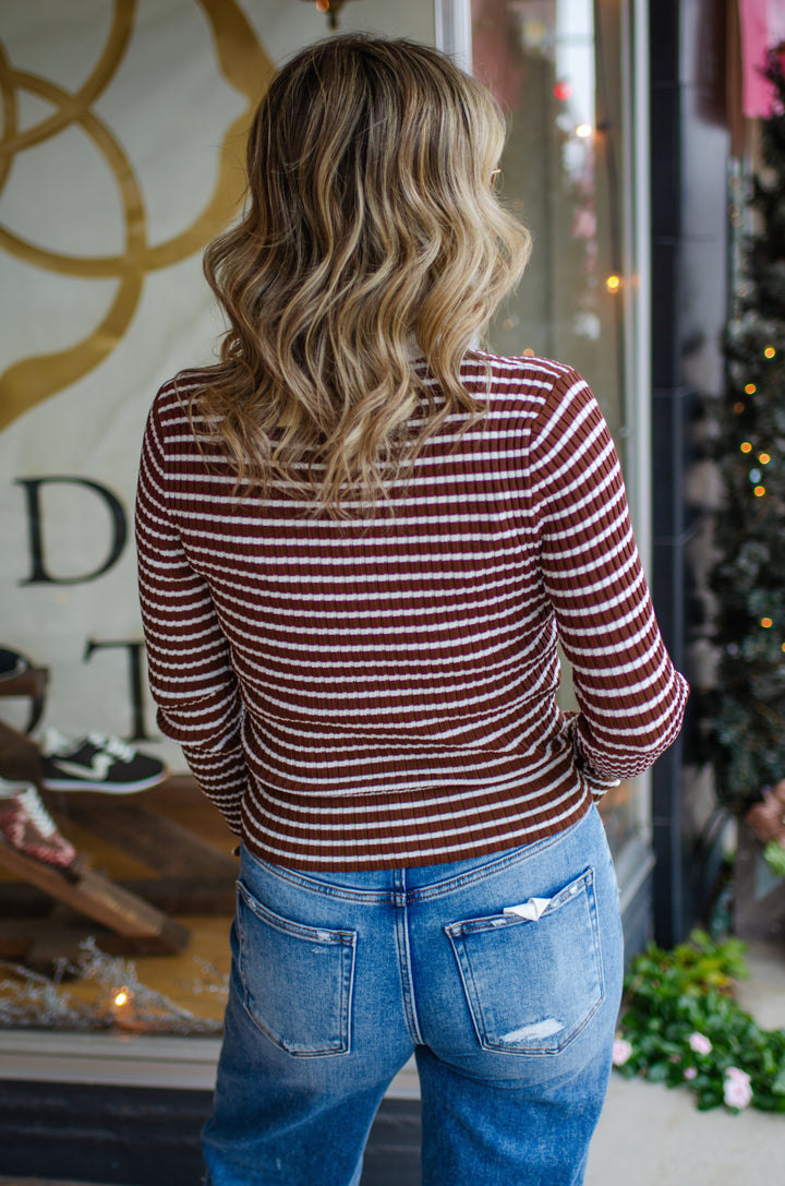 Take Heart Fitted Stripe Collared Long Sleeve in Chocolate & Ivory