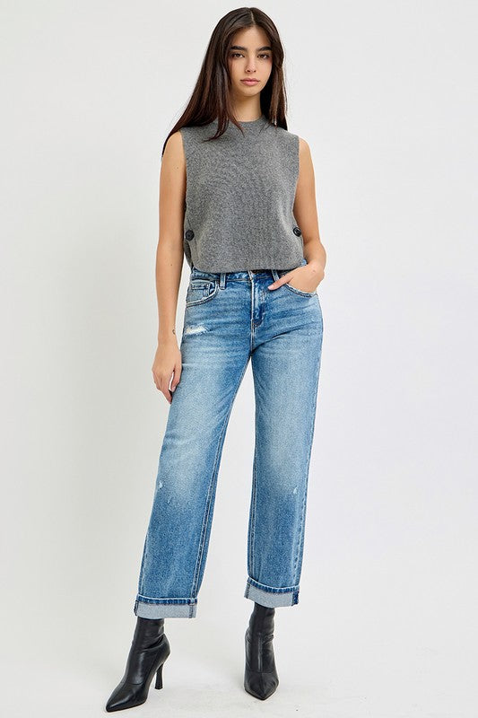 Risen High Rise Ankle Boyfriend Distressed Jeans in Medium