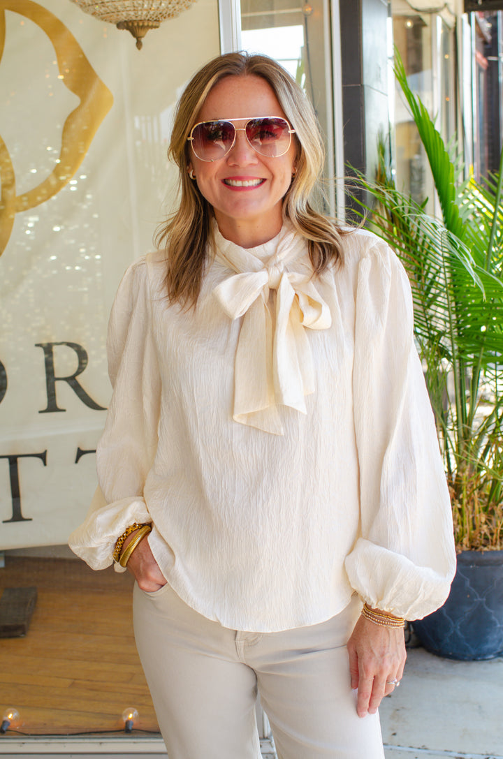True Heart Bow Neckline Textured Satin Long Sleeve Blouse in Ivory