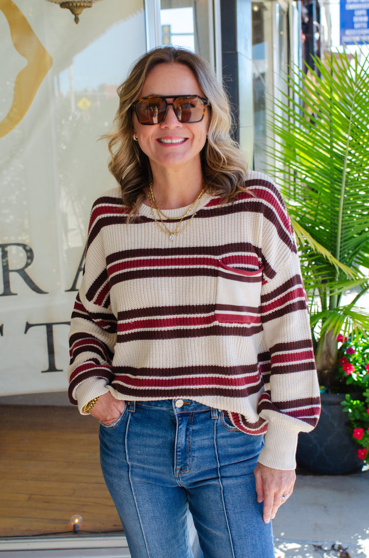 Autumn Colors Stripe Pocket Front Long Sleeve Sweater