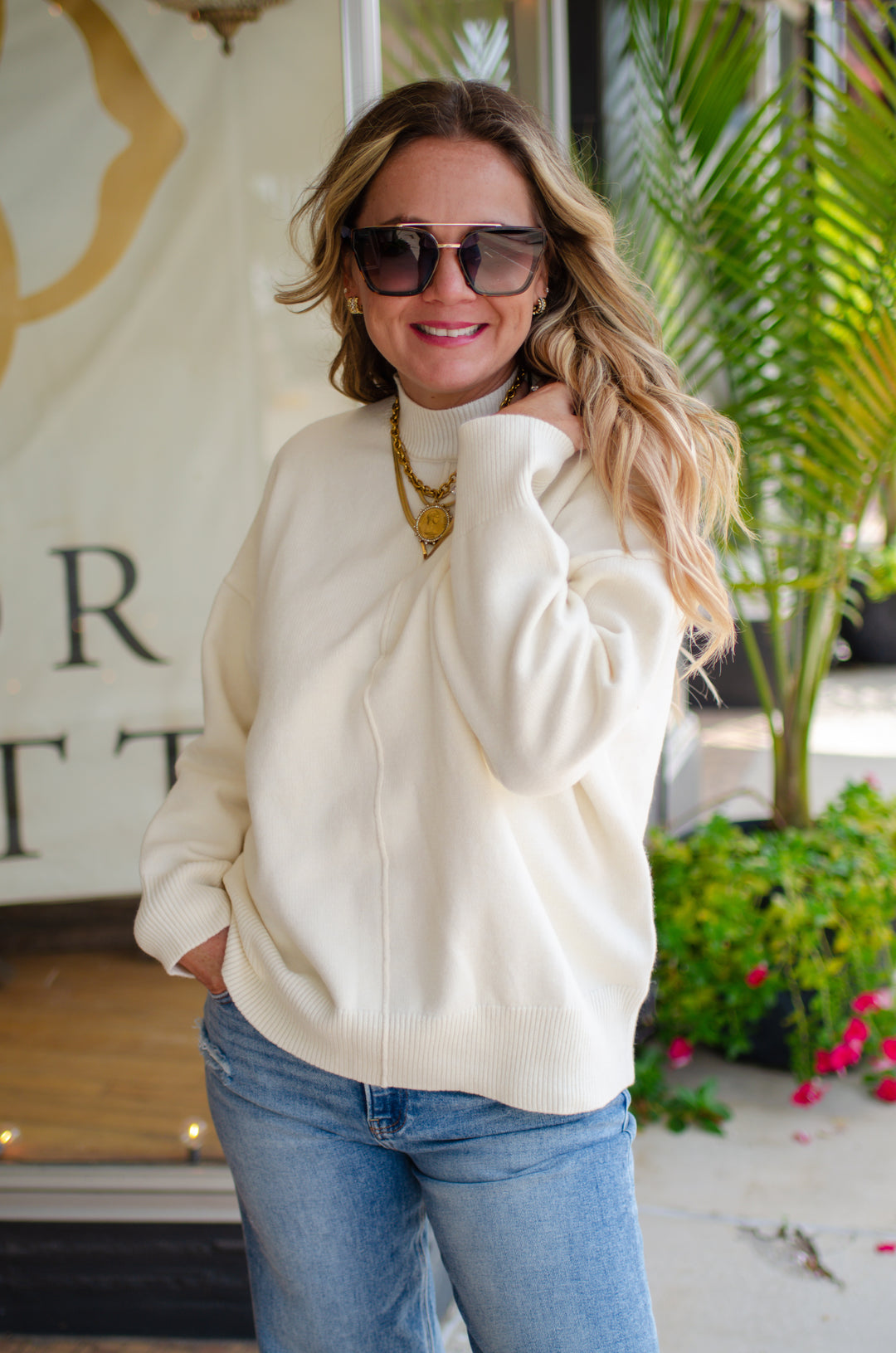 Winter Wish Front Seam Mock Neck Long Sleeve Sweater in Cream