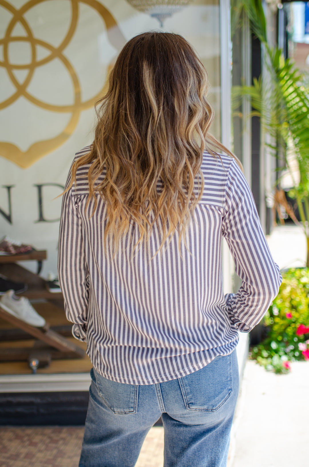 Classic Style Soft Stretch Knit Button Down Collard Top in Charcoal Stripe