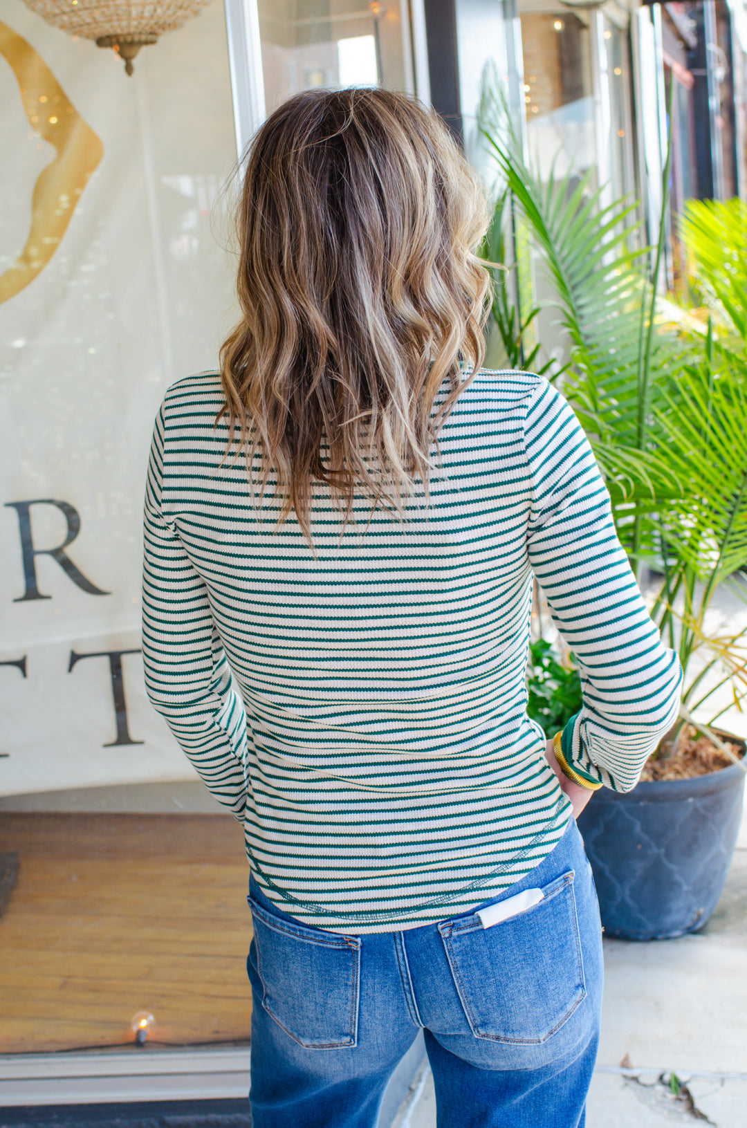 Fall Moment Stripe Henley Top in Oatmeal & Green Mix