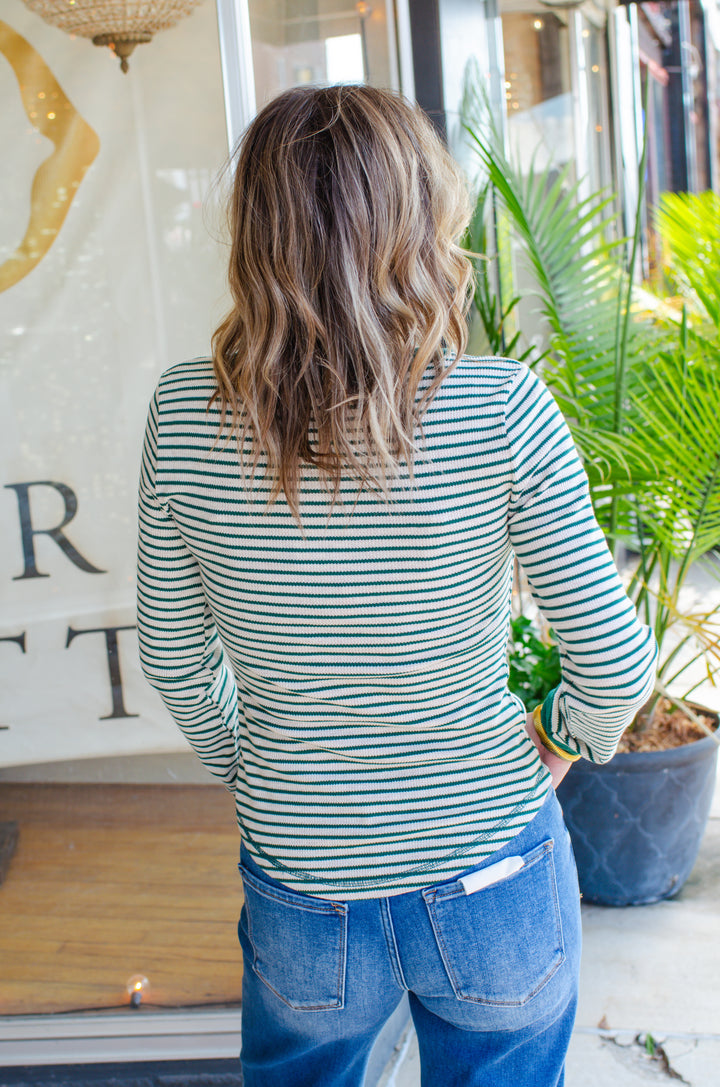 Fall Moment Stripe Henley Top in Oatmeal & Green Mix