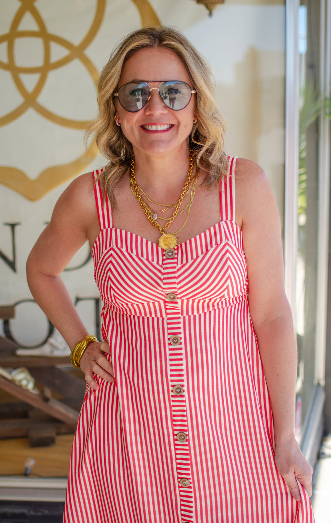 One True Love Pinstripe Button Down Dress in Red