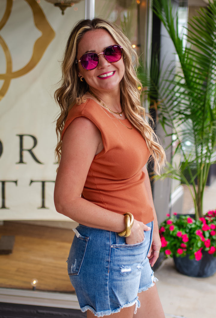 Everyday Class Shoulder Pad Fitted Ribbed Top in Terra Cotta