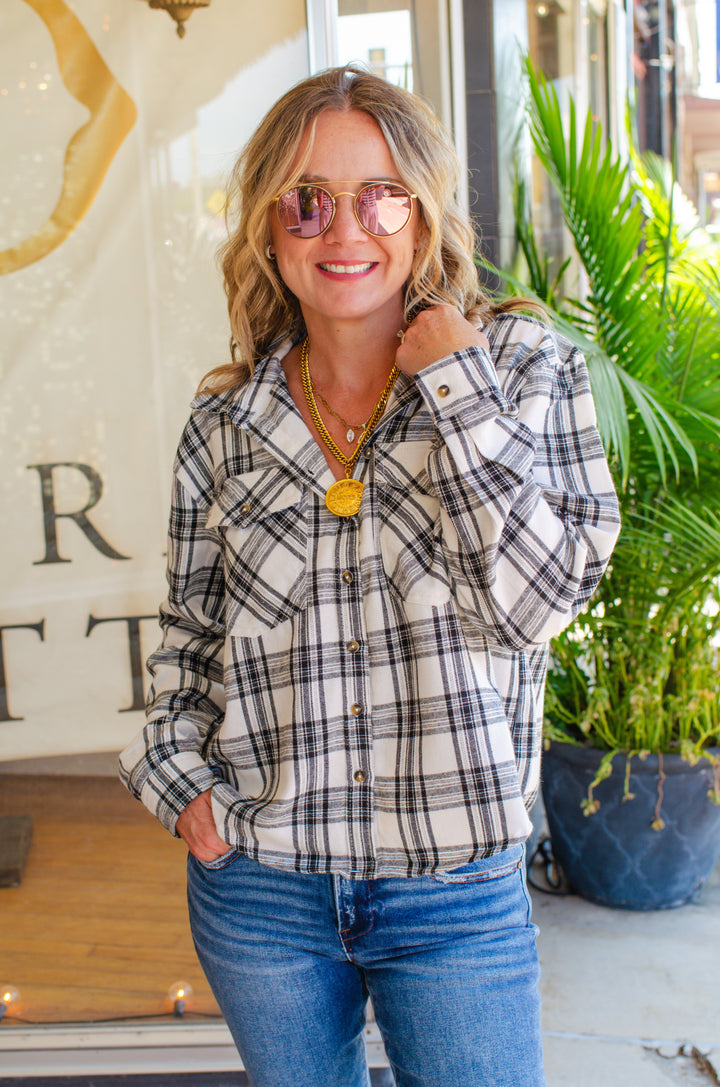 Bonfire Plaid Button Down Flannel in White/Black Mix