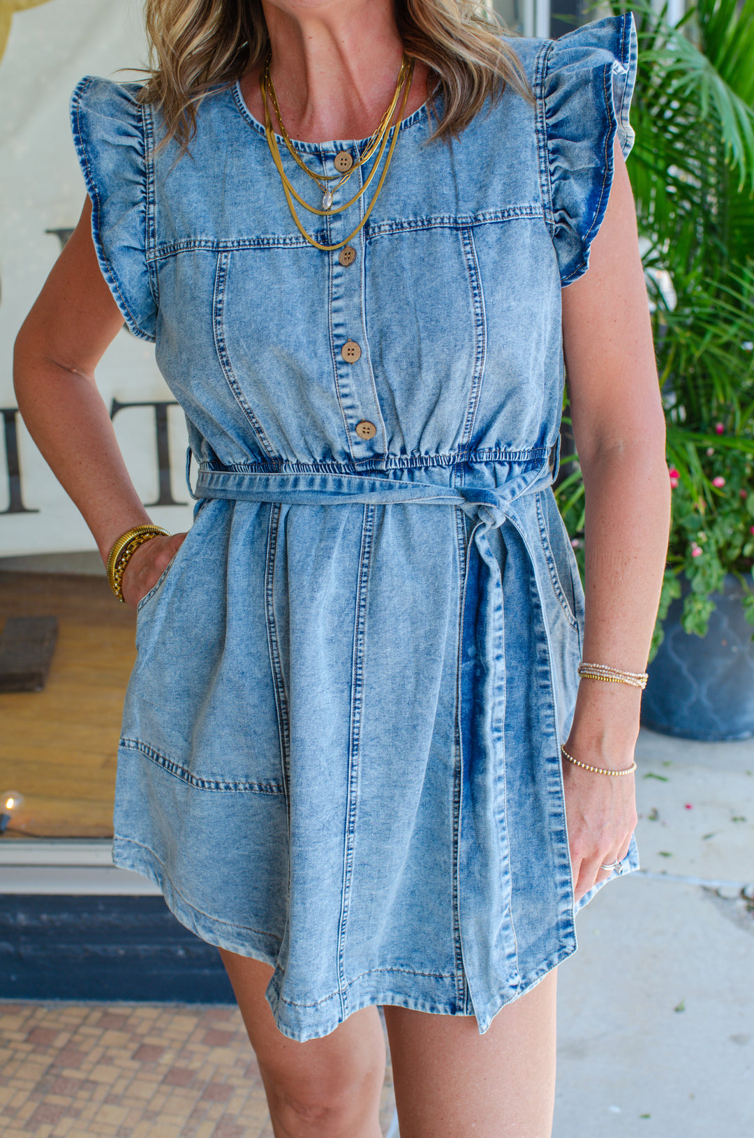 Spin Me Around Ruffle Sleeve Button Down Denim Dress