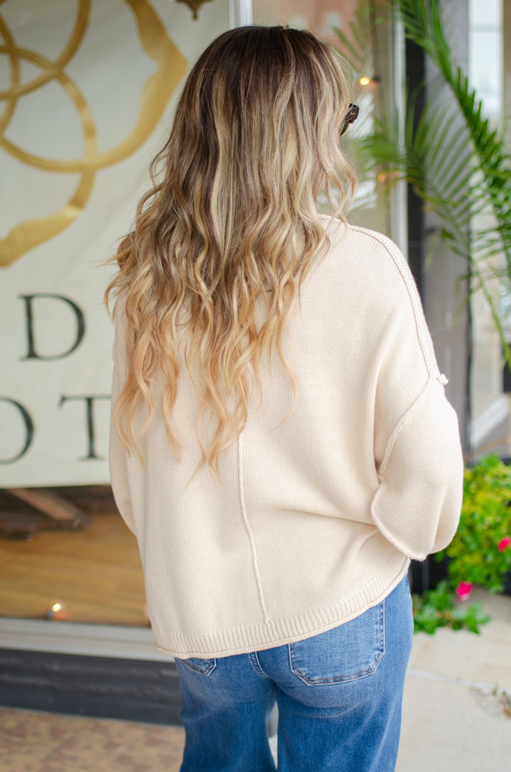 Classic Style Cream Round Neckline Long Sleeve Sweater