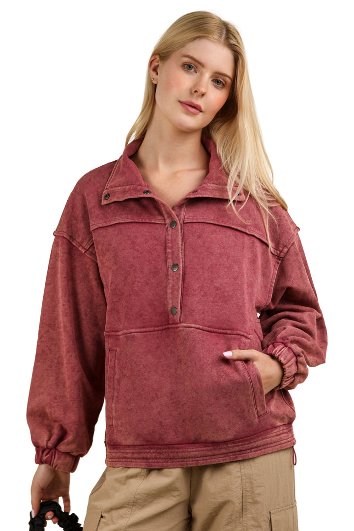 Take It Easy Mineral Washed Button Down Henley Sweatshirt Top in Wine