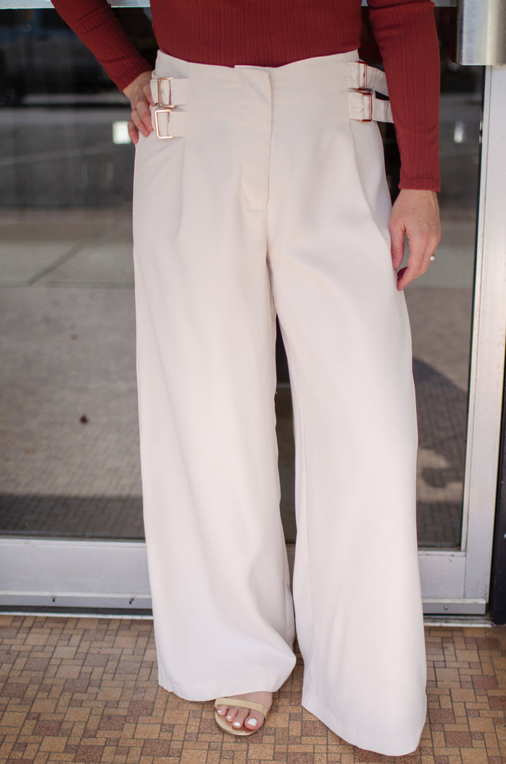 Pure Class Double Buckle Wide Leg High Rise Pant in Cream