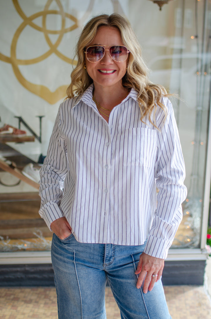 Sophisticated Stripe Button Down Collared White Blouse