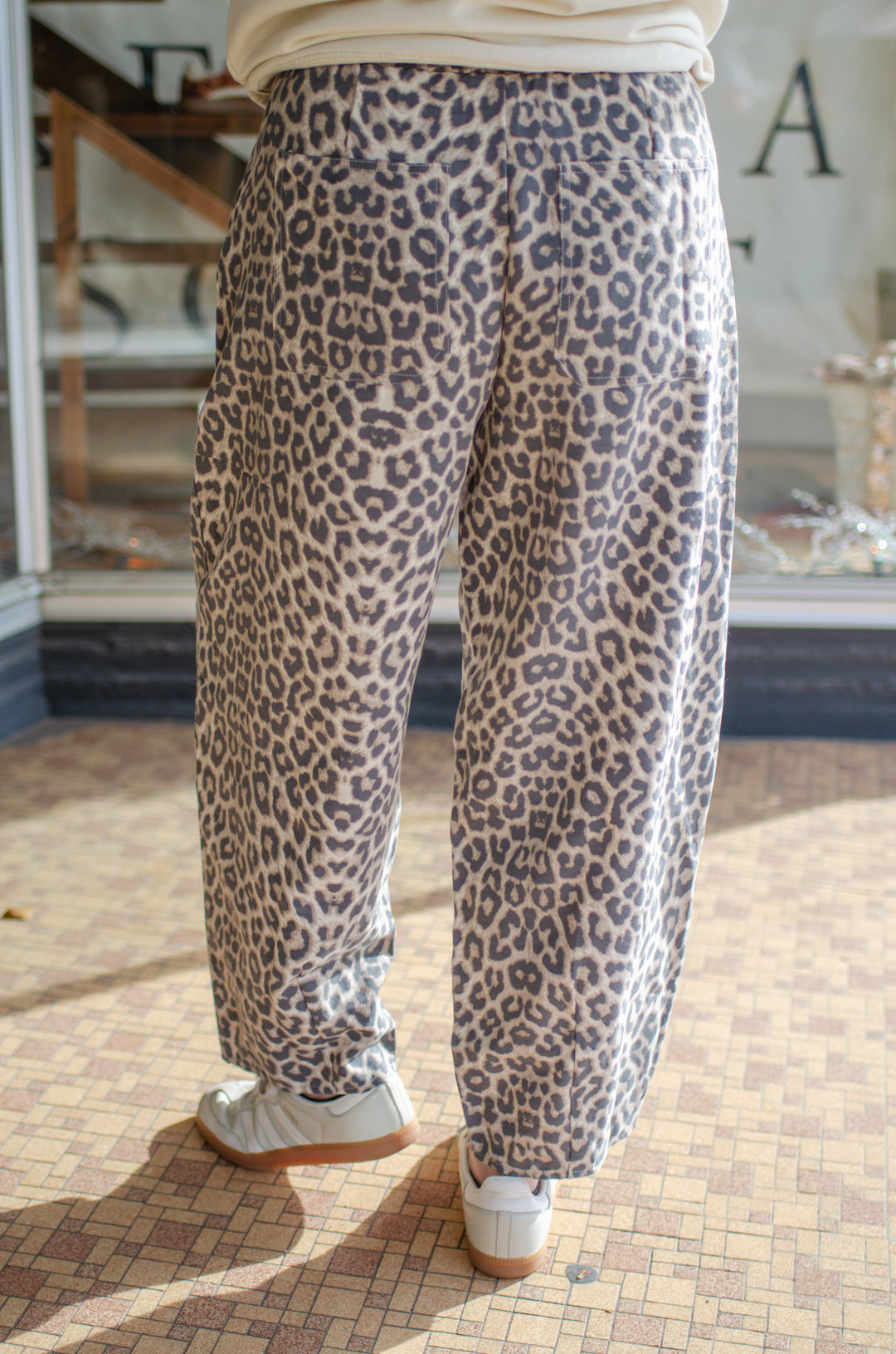 Wild Ways Leopard Drawstring Stretch Waist Barrel Pants in Ercu