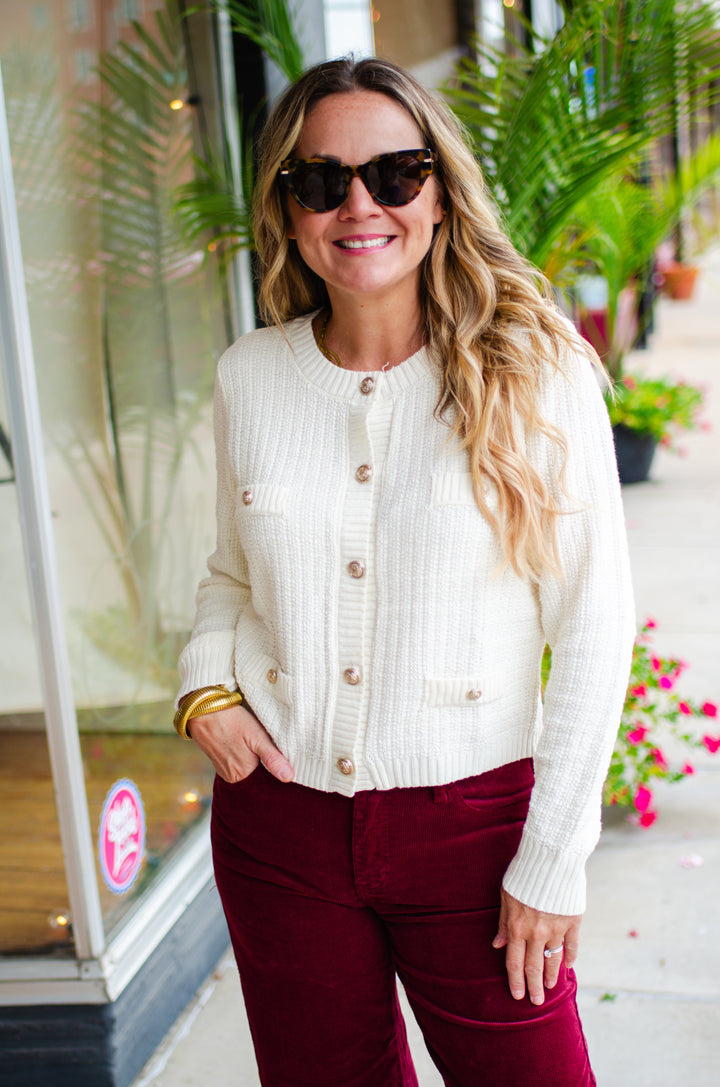 Stylish Moments Gold Button Detailed Sweater Top in Cream