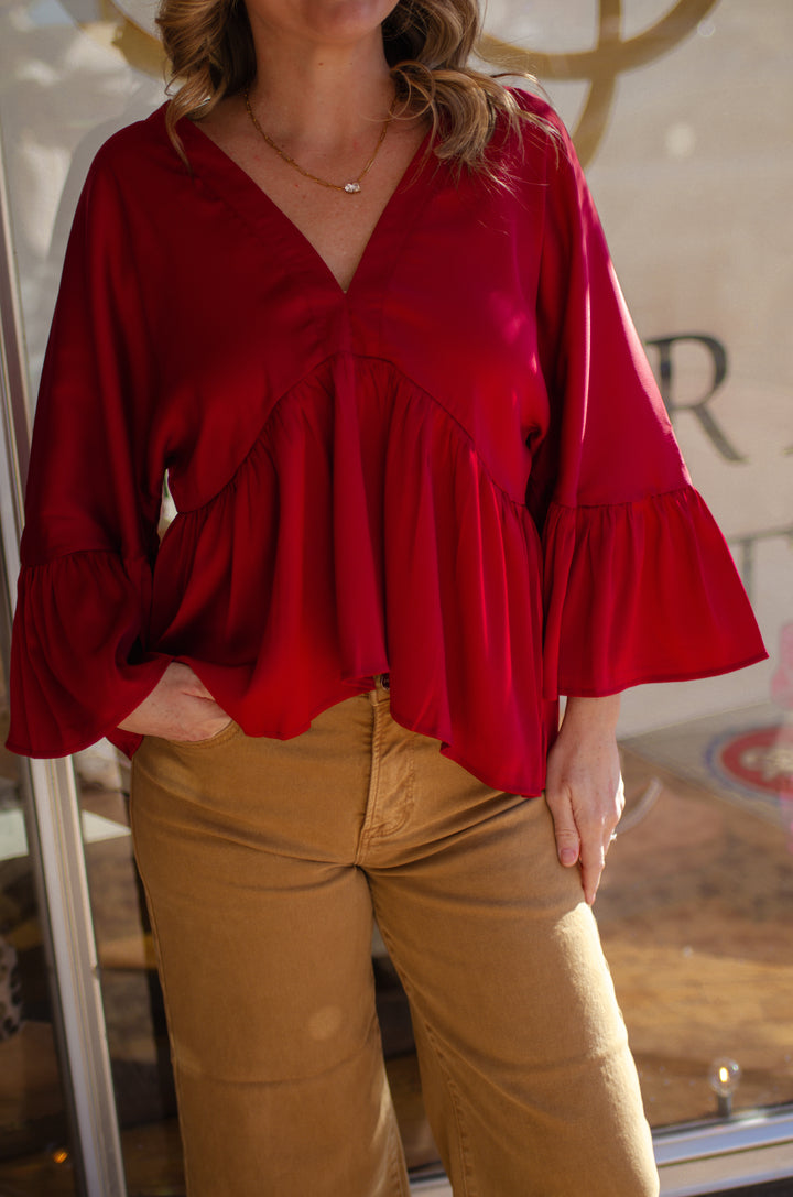 Heartbreaker Bell Sleeve Satin Top in Burgundy