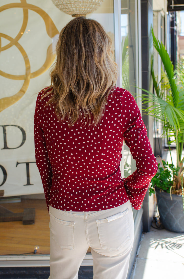 Plot Twist Polka Dot Fitted Knot Top in Burgundy & Off White