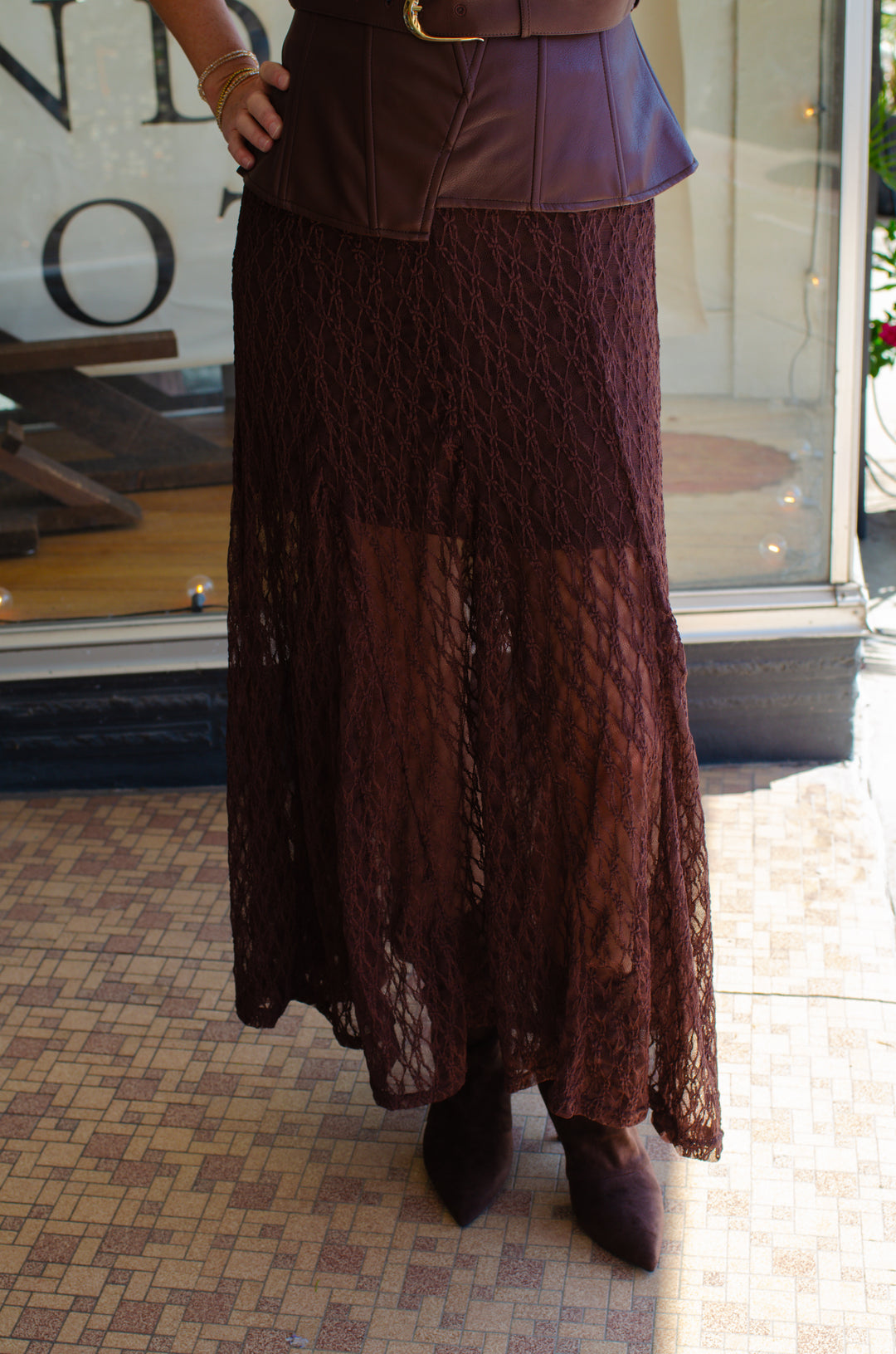 Boho Babe Sheer Lace Midi Skirt in Chocolate Brown