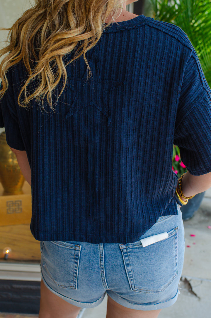 A Star Is Born Cream Textured Stripe Top in Navy