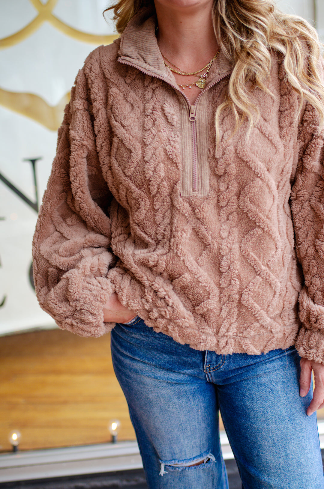 Winter Wishes Cable knit Pattern Soft Pullover in Mocha